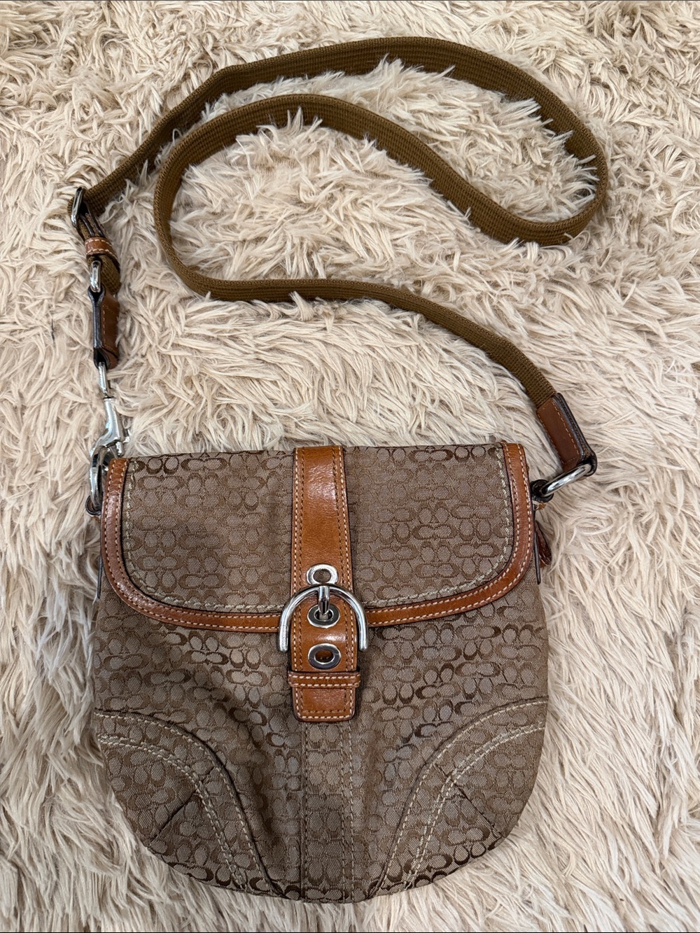 Coach Brown Signature Canvas Crossbody with Tan Leather Trim and Silver Buckle